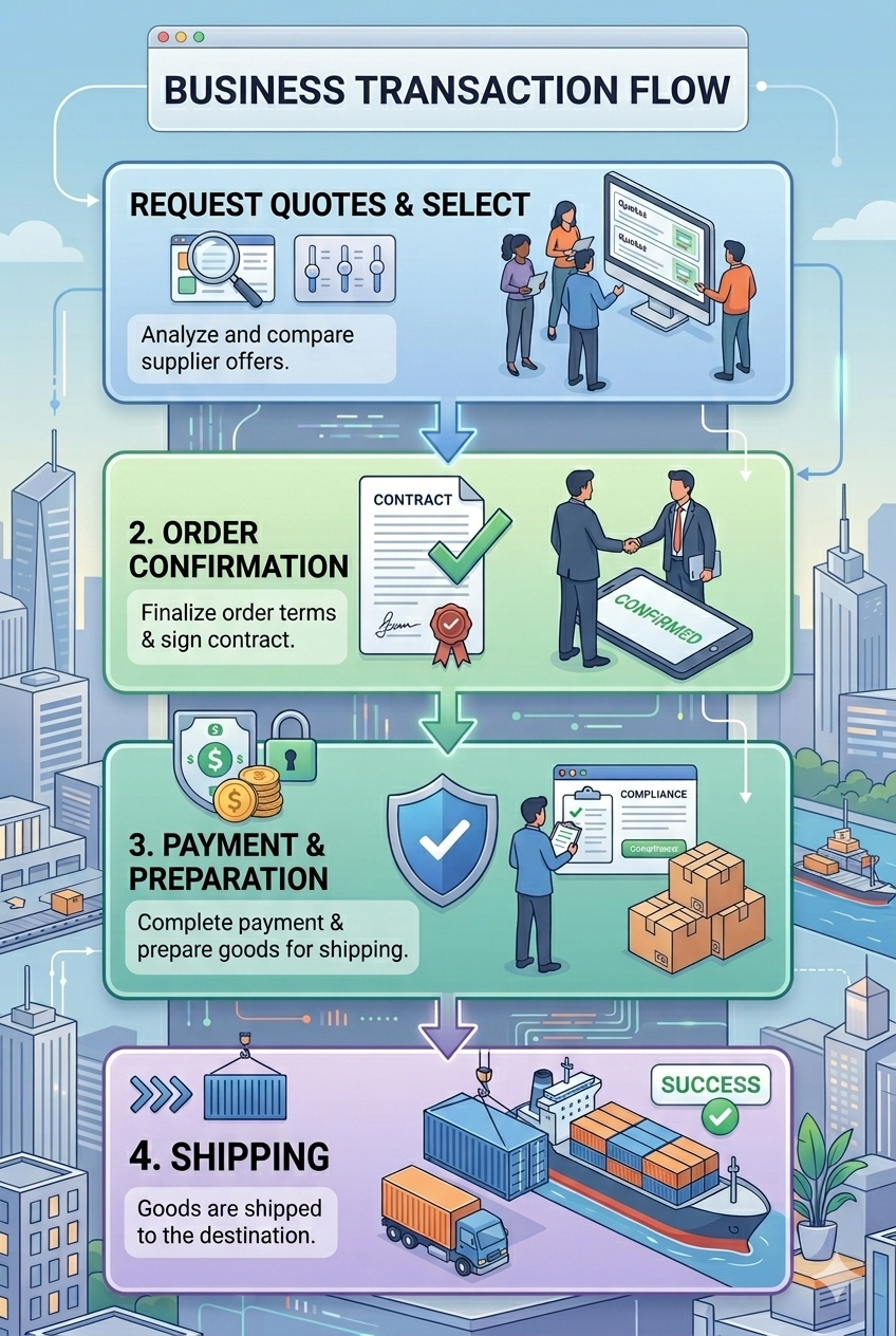 A 4-step vertical infographic showing the business transaction flow: Request Quotes, Order Confirmation, Payment & Preparation, and Shipping.