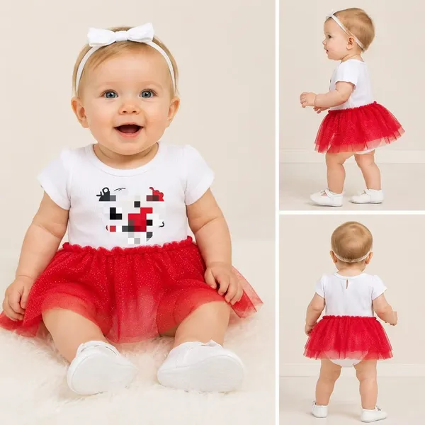 Baby girl in red glitter tutu romper dress with white ribbed bodysuit, wholesale stocklot