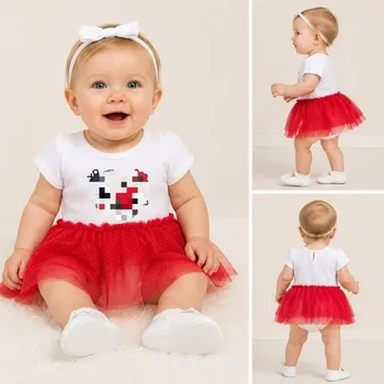 Baby girl in red glitter tutu romper dress with white ribbed bodysuit, wholesale stocklot