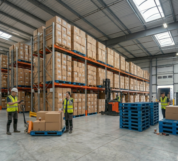 Professional clothing wholesale warehouse with Chinese staff managing large inventory on high-density storage racks, featuring forklift and logistics operations.