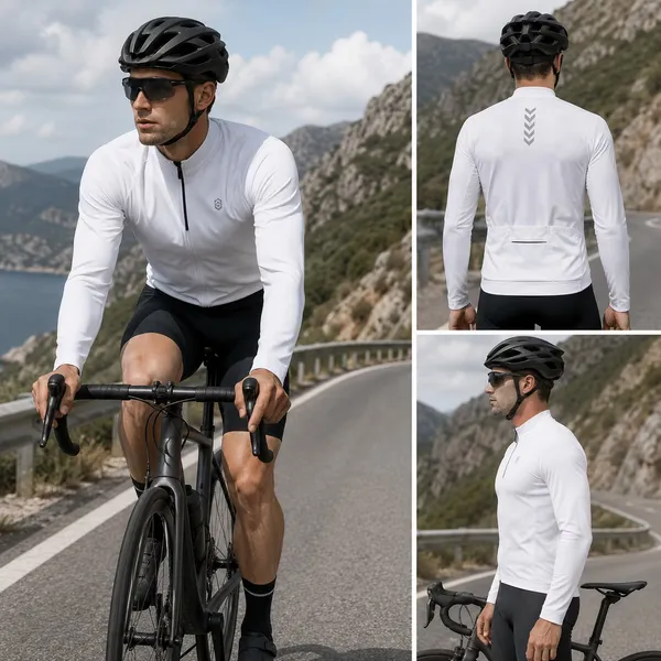 Model wearing men's long sleeve quarter-zip cycling jersey, front view