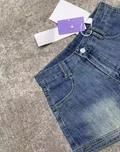Close-up of brand hangtag attached to denim shorts, wholesale stocklot