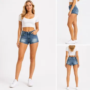 Model wearing high-waisted distressed denim shorts, front view