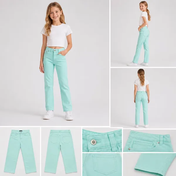 Stacked layout of girls stretch twill casual pants showcasing mint green and ivory white colorways