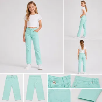 Stacked layout of girls stretch twill casual pants showcasing mint green and ivory white colorways
