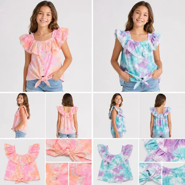 Flat lay display of Justice girls cold-shoulder ruffle tops in vibrant sunset pink and ocean blue tie-dye styles