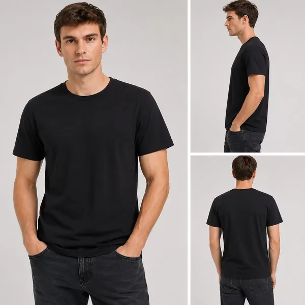 Model wearing men's basic crew neck short sleeve t-shirt, front view