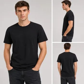 Model wearing men's basic crew neck short sleeve t-shirt, front view