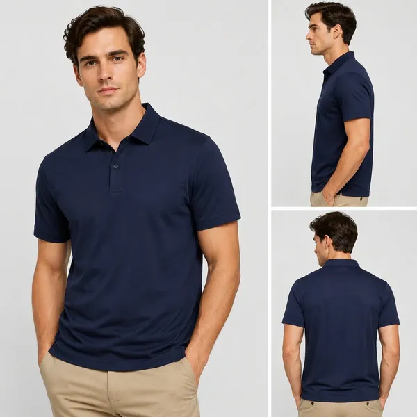 Navy blue men's cotton stretch polo shirt with chest pocket and spread collar, take-all wholesale lot
