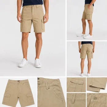 Stacked vertical lineup display of men's heavyweight twill stretch cargo shorts in khaki, black, steel gray, and navy options