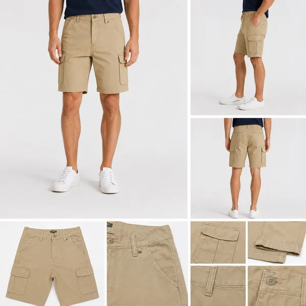 Stacked vertical lineup display of men's heavyweight twill stretch cargo shorts in khaki, black, steel gray, and navy options