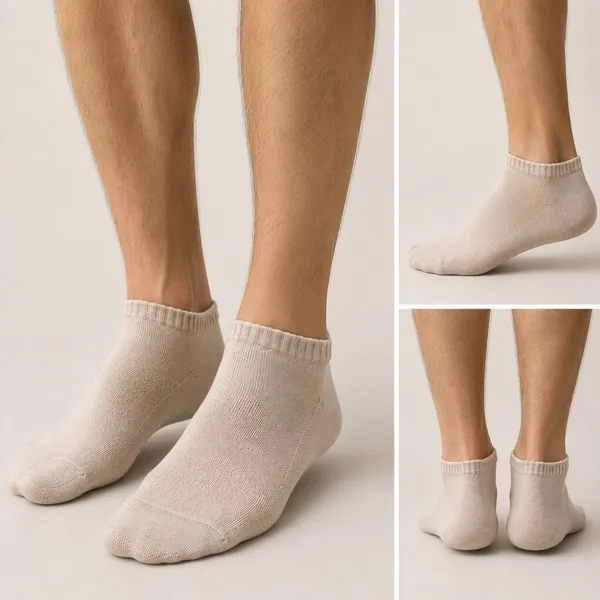 Men's beige no show low-cut socks on model, front side and back view, wholesale stocklot