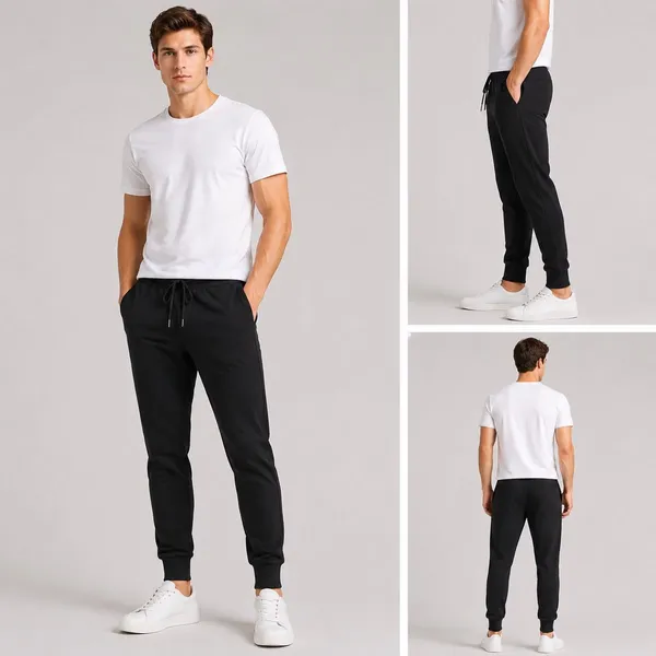 Men's slim fit casual pants in black with drawstring waist for wholesale stocklot and bulk trousers resale