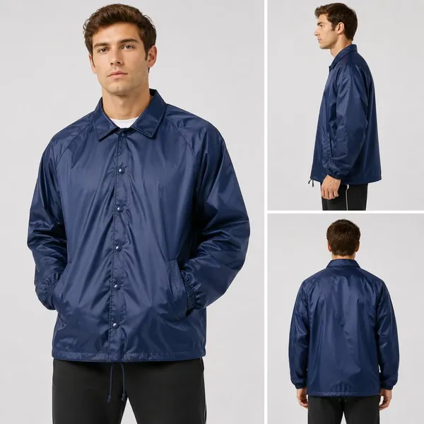 Men's navy blue coaches jacket windbreaker with snap buttons and drawstring hem, front side and back model composite for wholesale stock