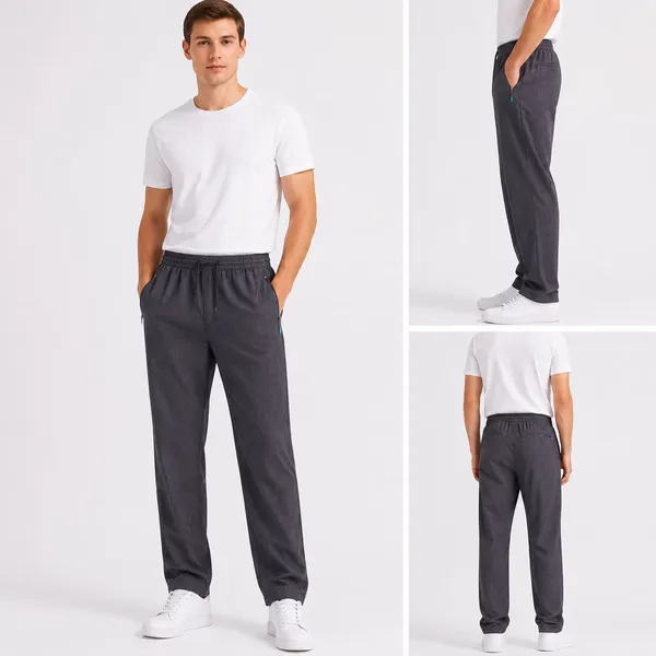 Model wearing men's woven pinstripe pants with drawstring waist, front view