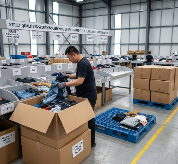 Professional clothing wholesale warehouse staff performing strict 100% quality inspection and manual sorting of apparel stock for sustainable resale.
