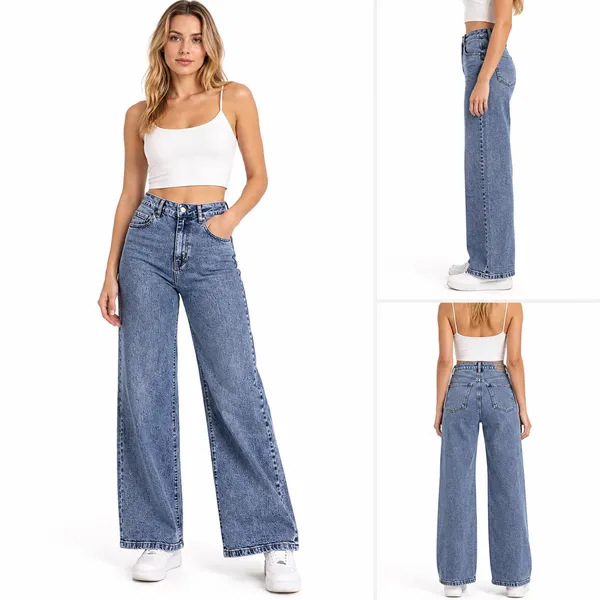 wholesale womens high waisted wide leg denim stock jeans