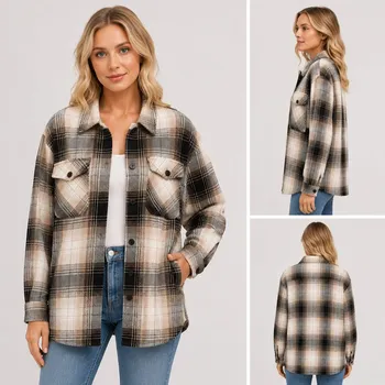 Women's black cream tan plaid shacket oversized fit, front side and back three-angle model composite photo for wholesale lot