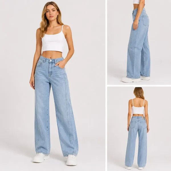 Women's curved wide-leg jeans in light blue denim wash for wholesale stocklot and bulk jeans resale