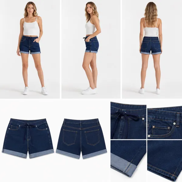 Front view alignment of women's elastic waist drawstring denim shorts in medium and dark blue tones