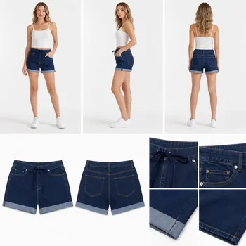Front view alignment of women's elastic waist drawstring denim shorts in medium and dark blue tones