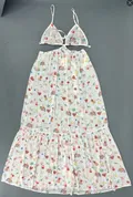 Front view of women elegant floral smocked cami midi dress with tiered ruffle skirt