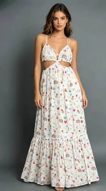 Front view of women elegant floral smocked cami midi dress with tiered ruffle skirt