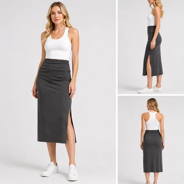 Women's charcoal gray fold over maxi skirt with side slit on model, wholesale stocklot