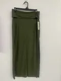 Women's olive green fold over waist maxi skirt hanging on hanger for wholesale bulk order