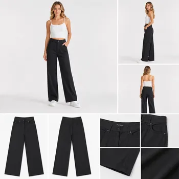 Front flat lay view of women's premium high-waisted wide-leg tailored trousers in dark obsidian colorway