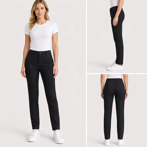 Front view of women high waisted wide leg trousers with premium draped fabric