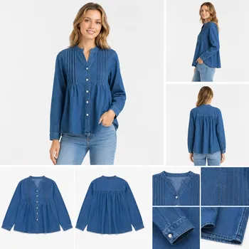 Front view of flat laid women's lightweight denim pleated button-up blouse jacket in classic medium indigo