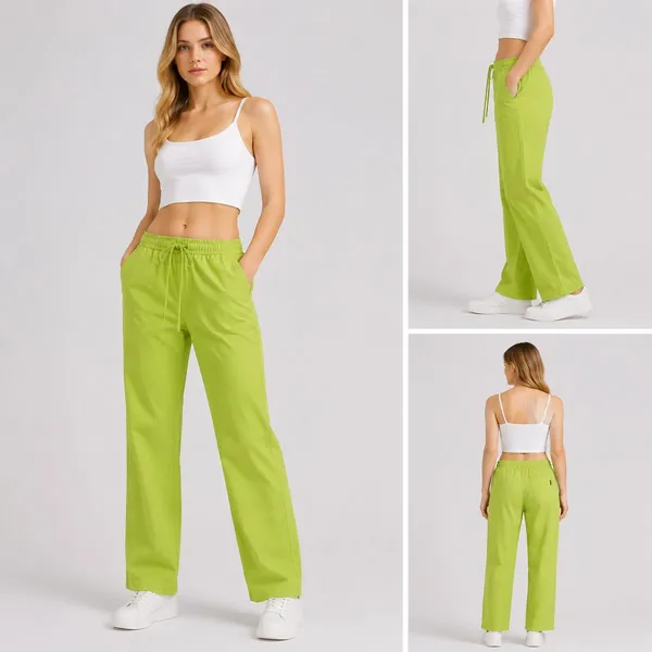 Women's lightweight straight casual pants in lime green for wholesale stocklot and bulk pants resale