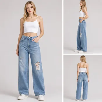 omen's ripped wide-leg jeans in light blue denim wash for wholesale stocklot and bulk jeans resale